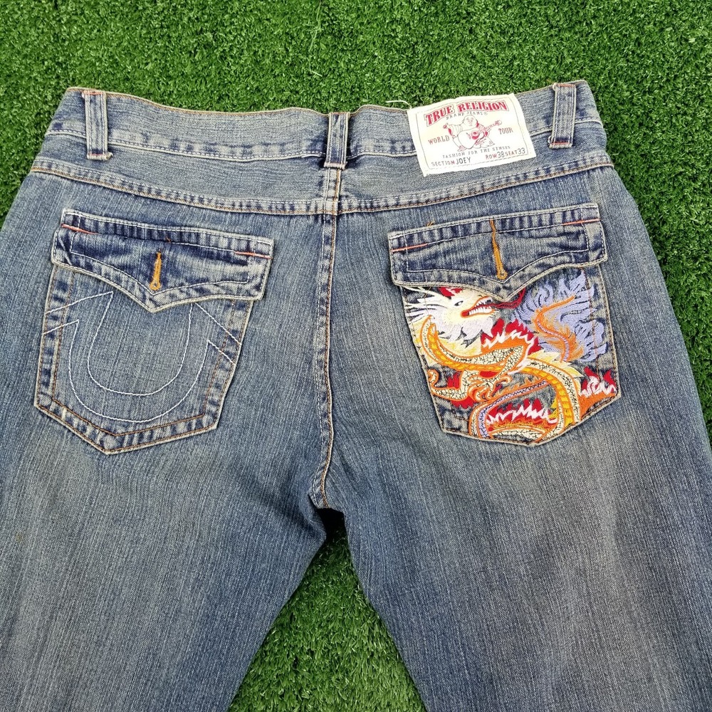 Vintage True‎ Religion Jeans Joey Embroidered Dragon 38x33 Blue Denim Flare 90s - Picture 3 of 16